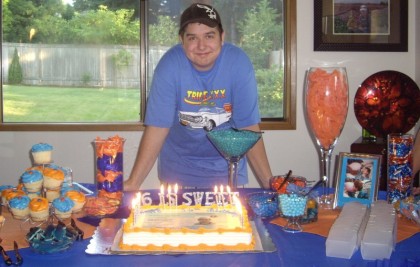 boy sweet 16 party, car license theme party, blue and orange party, 16 is sweet, fun teenage boy party ideas, car & driver sweet 16 party