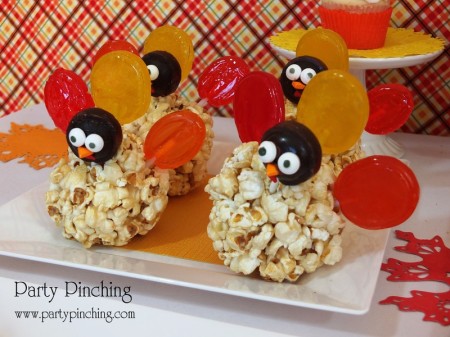 turkey popcorn ball, lollipop dessert, cute food, thanksgiving treat, kid friendly thanksgiving