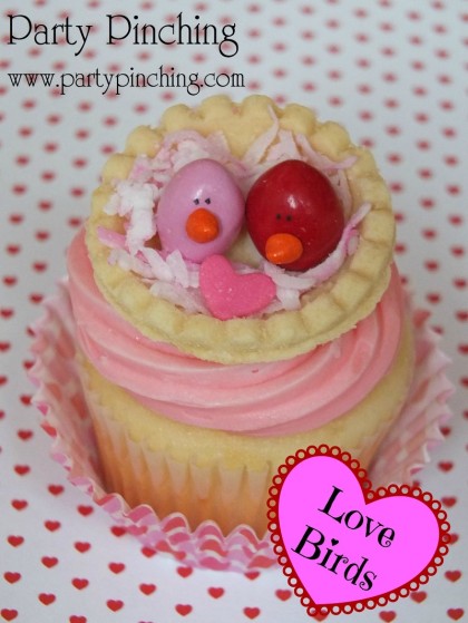 valentine cupcake, love bird cupcake, peanut M&Ms