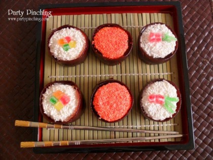 sushi dessert, sushi party ideas, sushi donut, sushi cupcake