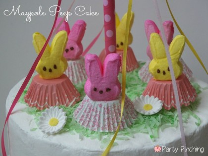 Peep cake, maypole cake, maypole, cute peeps, bunny peeps, easter cake, may day ideas, easter dessert ideas, necco wafers, peeps