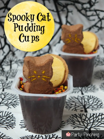 halloween pudding cups, spooky cat pudding cups, peep cats, easy halloween dessert ideas, halloween parties for kids, classroom party ideas