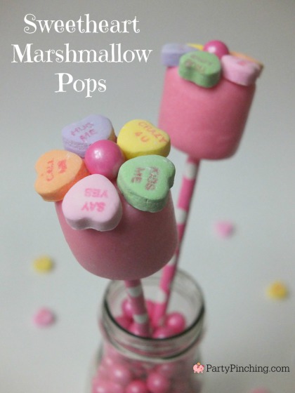 Valentine marshmallow pops, valentine dessert treat ideas for kids, sweetheart conversation heart dessert, easy valentines day dessert idea