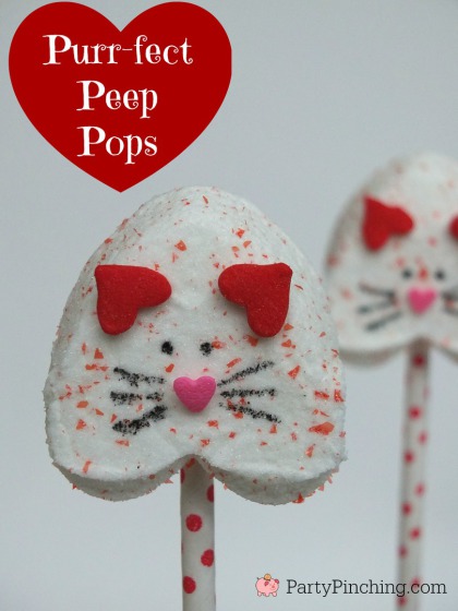 Kitten pops Valentine's day, Valentine Peeps, Heart Peeps, easy valentines day desserts for kids, valentine party ideas for classroom