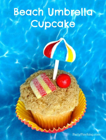beach umbrella cupcake, beach cupcake, summer cupcake, luau party, cute food, food art, kid friendly summer snack, beach party