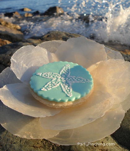 stenciled cookie, beach cookie, seashell cookie, beach party, summer party, beach theme cookie desserts