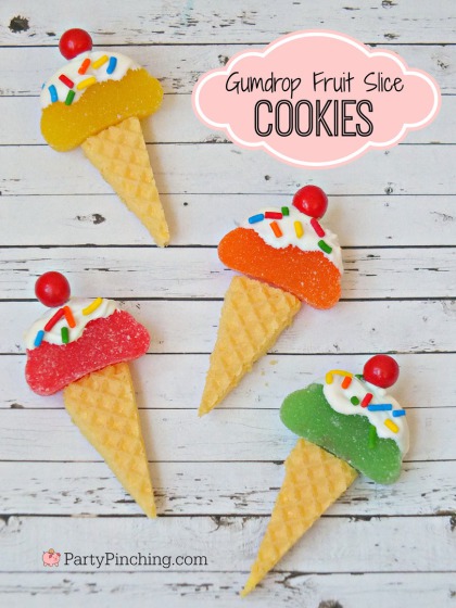 ice cream cookies, gumdrop fruit slice candy, wafer cookies, cute cookies, summer cookies, summer party ideas, picnic desserts, kid friendly food, edible crafts, party pinching