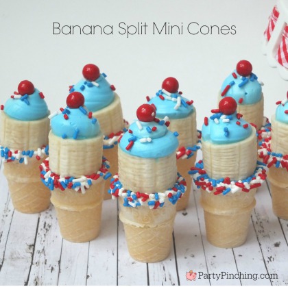 4th of July banana splits, mini banana splits, banana split, cute food, mini food, easy 4th of July dessert ideas, Party Pinching, Tablespoon.com