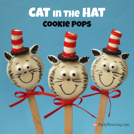 Cat in the Hat Cookie Pops, Dr. Seuss Cookies, Dr. Seuss Birthday, cute food, Dr. Seuss birthday party ideas