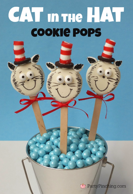 Cat in the Hat Cookie Pops, Dr. Seuss Cookies, Dr. Seuss Birthday, cute food, Dr. Seuss birthday party ideas
