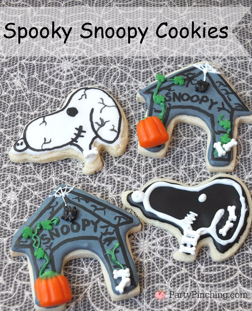 Halloween Snoopy cookies, great pumpkin Charlie Brown party, Peanuts cookies, cute food, fun food for kids, Spooky Snoopy cookies, Snoopy Ghost Cookies, Snoopy Skeleton cookie, Snoopy's Haunted Doghouse cookie