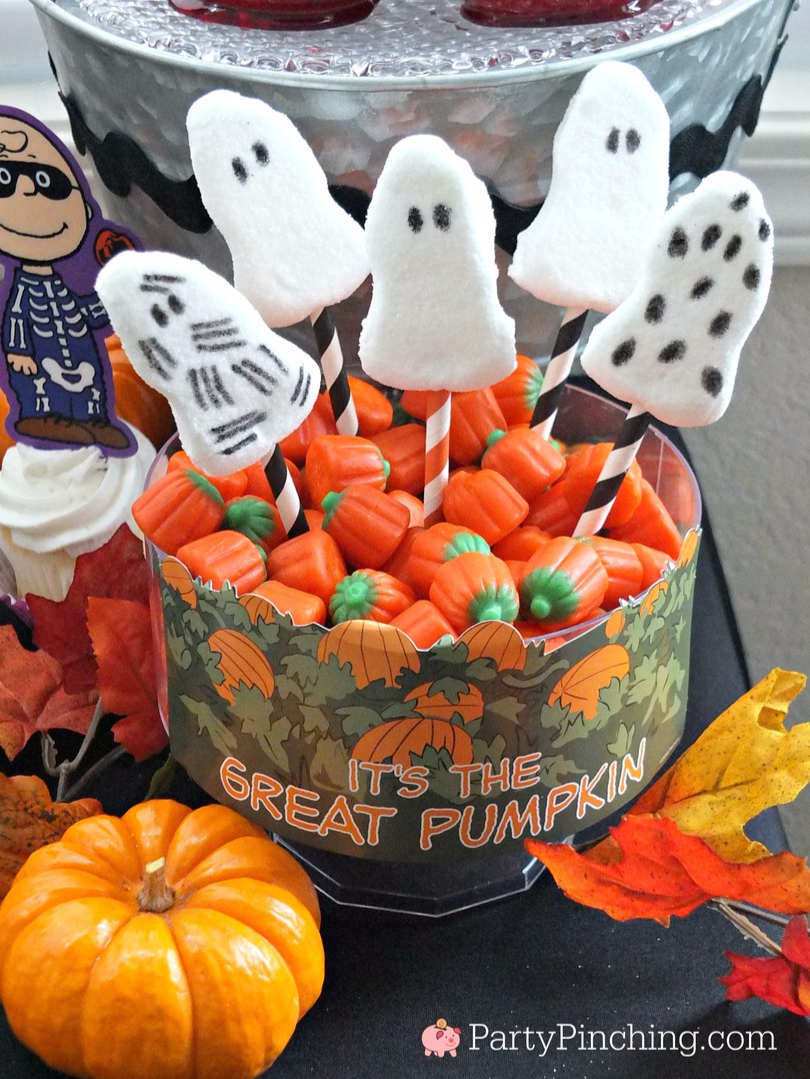 Great Pumpkin Charlie Brown, Halloween party ideas, ghost marshmallow pops, Charlie brown Peanuts gang ghost costume, peep ghosts, Snoopy, Linus, Lucy, 50th Anniversary Great Pumpkin